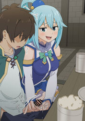 1boy 1girls 2021 aqua_(konosuba) bar_censor blue_eyes blue_hair blush blushing breasts brown_hair capelet censor_bar censored clothed clothed_female clothed_handjob clothed_male cum cum_on_hands detached_sleeves embarrassed faceless faceless_male female femdom hair_rings handjob ishinoyari kono_subarashii_sekai_ni_shukufuku_wo! penis penis_out satou_kazuma short_hair skirt small_penis under_the_table useless_censoring