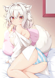 1girls 5_fingers ahoge animal_ears ass asymmetrical_bangs bangs bare_legs bare_shoulders bed bedroom blush blushing blushing_at_viewer breasts calves crying crying_with_eyes_open cute dress_shirt embarrassed exposed_ass eyebrows_visible_through_hair eyelashes_visible_through_hair female female_focus female_only hair_between_eyes highres indoors kemonomimi large_breasts light-skinned_female looking_at_viewer looking_back lulu_akituki lying lying_on_side momiji_inubashiri no_pants orange_eyes panties pantyshot red_eyes short_hair sideboob solo striped_panties tail tears thick_ass thick_thighs thighs thin_waist touhou white_hair wide_hips wolf_ears wolf_girl wolf_tail