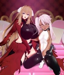 2girls 3d aoi_kimi blue_eyes blush breasts brown_hair cameltoe chloe_von_einzbern cosplay dark_skin fate/grand_order fate/kaleid_liner_prisma_illya fate_(series) female female_only hair_intakes hair_ornament hair_ribbon huge_breasts kyoukaisenjou_no_horizon long_hair looking_at_viewer midriff multiple_girls negakura_imu on_bed open_mouth outfit_swap pink_hair ribbon seductive skin_tight small_breasts squatting tan tan_skin very_long_hair white_ribbon yellow_eyes