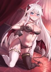 ayagi_daifuku breast_grab lingerie long_hair looking_at_viewer maid maid_headdress sole_female succubus thighhighs veibae virtual_youtuber vshojo white_hair