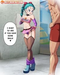 blue_eyes blue_hair bulma_briefs come_hither dragon_ball dragon_ball_(classic) dragon_ball_(object) dragon_ball_between_breasts english female fishnet_stockings fishnets garter_belt garter_straps high_heels leg_warmers lingerie lipstick male microskirt panties prostitution reit shounen_jump skirt_lift slutty_outfit teenage_bulma teenager text topwear watermark