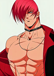 1boy black_hair black_hair_bottom domination gay grin high_resolution iori_yagami jacket king_of_fighters light_hair_on_dark_hair male_only muscular muscular_male necklace red_eyes red_hair red_hair_on_black_hair red_hair_top snk solo_male take_off_shirt unknown_artist white_background yaoi