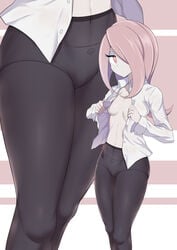 10s absurdres beige_background black_legwear breasts caibao_return female food_print hair_over_one_eye highres little_witch_academia long_sleeves looking_at_viewer medium_breasts multiple_views mushroom_print no_bra open_clothes open_shirt pale_skin panties panties_under_pantyhose pantyhose pink_hair print_panties red_eyes shirt simple_background standing sucy_manbavaran underwear white_background zoom_layer