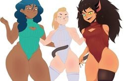 3girls adora barrybbeesly black_legwear black_nails blonde blonde_hair blue_eyes blue_hair blue_sweater brown_hair cat_ears cat_humanoid cat_tail catra dark-skinned_female dark_skin ear_piercing fangs female_only heterochromia keyhole_sweater keyhole_turtleneck leotard mermista muscular muscular_female ponytail red_eyes red_sweater sharp_claws sharp_fingernails sharp_teeth she-ra she-ra_and_the_princesses_of_power shoulder_length_hair silver_eyes smug straight_hair tail tail_wrap thick_thighs thighhighs translucent_clothing trio white_background white_sweater yellow_eyes