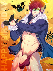 1boy bara bats birthday bosschan bulge gloves green-tinted_eyewear human human_only jacket male male_only malifex mazjojo original_character penis pubes red_hair solo_male sunglasses thong tinted_eyewear underwear