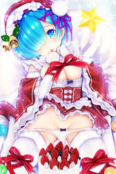 10s 1girls adapted_costume alternate_costume bell blue_eyes blue_hair blue_panties blueberry_(not_the_fetish) bow bow_panties breasts cake christmas cleavage collar detached_collar detached_sleeves elbow_gloves female food frilled_collar frilled_sleeves frills fruit fur-trimmed_gloves fur-trimmed_legwear fur_trim gloves hair_over_one_eye hat large_breasts looking_at_viewer maid maid_headdress matching_hair/eyes panties panty_pull re:zero_kara_hajimeru_isekai_seikatsu red_ribbon rem_(re:zero) ribbon sack santa_costume santa_hat shiny shiny_hair snowflakes solo strawberry teruru thigh_ribbon thighhighs thighs underwear whipped_cream white_gloves white_legwear white_panties wide_sleeves