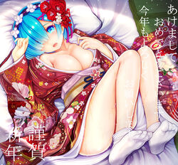 10s 1girls 2017 blue_eyes blue_hair breasts cleavage feet female floral_print flower full_body hair_flower hair_ornament hair_over_one_eye hair_ribbon headdress japanese_clothes kimono large_breasts looking_at_viewer lying matching_hair/eyes no_bra no_shoes obi off_shoulder on_back open_clothes open_kimono open_mouth re:zero_kara_hajimeru_isekai_seikatsu rem_(re:zero) ribbon sash short_hair solo teruru white_legwear x_hair_ornament