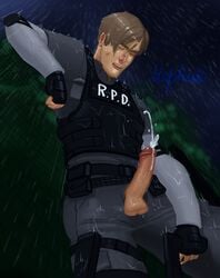 1boy bara capcom cum cum_on_face human human_only leon_scott_kennedy male male_only mephisto rain resident_evil resident_evil_2 resident_evil_2_remake solo solo_male