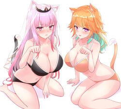 2021 2girls :d :o absurd_res animal_ear_fluff animal_ears barefoot big_breasts bikini black_bikini blush breasts cat_ears cat_girl cat_tail catgirl cleavage crown embarrassed eyebrows_visible_through_hair feet female female_only gradient_hair green_hair hecker_kai highres hololive hololive_english hololive_myth huge_breasts kemonomimi_mode kneeling large_breasts leaning_forward long_hair looking_at_viewer matching_hair/eyes monster_girl mori_calliope multicolored_hair multiple_girls navel open_mouth orange_bikini orange_hair paw_pose pink_eyes pink_hair purple_eyes simple_background sitting smile swimsuit tail takanashi_kiara thick_thighs thighs tongue two_tone_hair veil very_long_hair virtual_youtuber wariza white_background yokozuwari