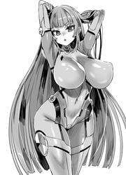 armor armpits arms_behind_head arms_up asanagi big_breasts bodysuit curvy huge_breasts koukawa_asuka long_hair looking_at_viewer monochrome nipple_bulge simple_background taimanin_asagi thick_thighs wide_hips