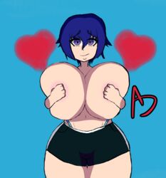 artlas blue_eyes blue_hair booty_shorts covering_nipples gigantic_breasts heart holding_breasts megami_tensei persona persona_4 shirogane_naoto smiling