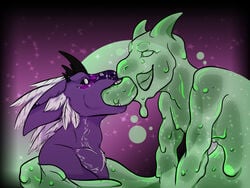 2021 ambiguous/ambiguous ambiguous_gender anthro biped blush catstruction dragon duo extreme_french_kiss french_kissing goo_creature green_body kissing oral oral_penetration penetration purple_background purple_body simple_background