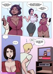 3girls bimbo bimbofication bob_cut breast_expansion cleavage comic english_text female gender_transformation genderswap_(mtf) hair_growth male milf milfification mtf_transformation multiple_girls notzackforwork rule_63 text transformation tv