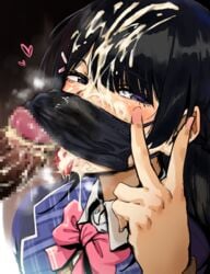 1boy 1girls 2021 absurdres black_hair blue_eyes blush censored close-up cum cum_on_face cum_on_hair cum_on_tongue cumdrip dark-skinned_male dark_skin excessive_cum facial fellatio glans hair_ornament heart hero_neisan high_resolution highres licking_penis looking_at_viewer male_pubic_hair mask mosaic_censoring nijisanji open_mouth oral peace_sign penis penis_lick pink_ribbon pubic_hair ribbon saliva school_uniform sex smegma smell stray_pubic_hair tongue tongue_out tongue_piercing tsukino_mito uniform upper_body v virtual_youtuber