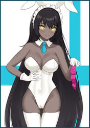 bare_shoulders black_hair blue_archive blush breasts bunny_costume bunny_ears bunny_girl bunnysuit cameltoe closed_mouth condom condoms covered_navel covered_nipples dark-skinned_female dark_hair dark_skin eyebrows eyebrows_visible_through_hair eyelashes gloves hand_on_hip holding holding_object karin_(blue_archive) karin_(bunny_girl)_(blue_archive) latex legwear leotard looking_at_viewer maid_headdress millennium_science_school_student mouth_closed necktie playboy_bunny shinalpha simple_background smile smiling smiling_at_viewer standing thighs white_background white_gloves white_legwear white_leotard yellow_eyes