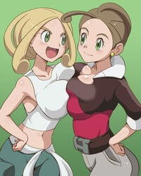 2girls alexa_(pokemon) breast breast_press breast_to_breast cleavage game_freak green_background green_eyes gym_leader huge_breasts human midriff multiple_girls nintendo pokemon pokemon_xy refuto siblings sisters symmetrical_docking viola_(pokemon)