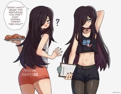 1boy black_hair choker clipboard crop_top english_text femboy femboy_hooters fishnets food goth_ihop hooters ihop long_hair looking_at_viewer looking_back makeup male male_only ms_pigtails painted_nails pantyhose roland_bonhomme shorts solo standing text