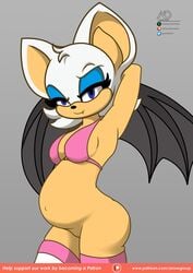 absurd_res arrowdark bat_wings belly big_belly big_ears bikini bikini_top chiropteran clothing female genitals hands_behind_head hi_res looking_at_viewer mammal membrane_(anatomy) membranous_wings pregnant pussy rouge_the_bat shaded simple_background simple_shading solo sonic_(series) sonic_the_hedgehog_(series) stretching swimwear teeth wings