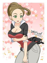 1girls alexa_(pokemon) arm_under_breasts artist_signature big_breasts border breasts brown_hair cleavage earrings female female_focus female_only flower flower_background game_freak green_eyes holding_arm holding_own_arm looking_at_viewer nintendo pokemon pokemon_xy short_brown_hair short_hair white_border yensh