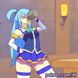 1girls animated aqua_(konosuba) ass blue_eyes blue_hair bottomless_skirt breasts drinking female female_focus female_only jiggle kono_subarashii_sekai_ni_shukufuku_wo! miniskirt no_panties no_sound rtil short_skirt shorter_than_30_seconds thick_ass thick_thighs thighhighs thin_arms upskirt video vomit wide_hips