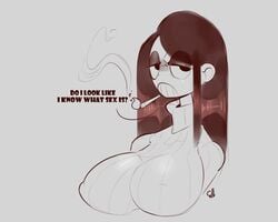 2021 big_breasts black_and_white black_hair breasts chromsmith cigarette goth long_hair looking_at_viewer nipple_bulge nipples_visible_through_clothing profile question sketch smoke smugbinch sweater text unamused veronica_(saltynoodles)