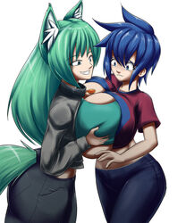 2girls breast_grab breasts cleavage fox_ears huge_breasts humanoid kojiro-brushard multiple_girls original original_character symmetrical_docking underboob yuri