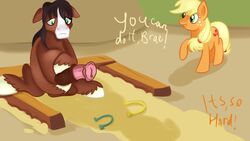 applejack_(mlp) dialogue duo earth_pony equid equine female friendship_is_magic genitals horse horseshoe jbond male mammal my_little_pony penis playing pony smooth_skin text troubleshoes_(mlp)