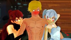 1boy 2girls 3d abf_mmd blonde_hair clothed_female_nude_male confused_look heart-shaped_pupils jaune_arc male_nipples mmd ponytail psychogator pyrrha_nikos red_hair rwby rwbymmd tagme weiss_schnee white_hair