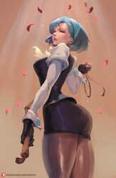 1girls ass big_ass big_breasts blue_eyes blue_hair capcom clothed clothed_female clothes clothing cutesexyrobutts female female_focus female_only franziska_von_karma from_behind fully_clothed gyakuten_saiban horny karuma_mei looking_at_viewer looking_back short_hair solo solo_female solo_focus standing thick_thighs