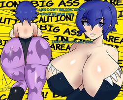 1girls alternate_ass_size alternate_breast_size artlas atlus background bending_over blue_eyes blue_hair cleavage clothing cosplay costume crossover_cosplay darkstalkers dialogue erect_nipples erect_nipples_under_clothes female female_only female_solo gigantic_ass gigantic_breasts megami_tensei morrigan_aensland_(cosplay) persona persona_4 sega shirogane_naoto showing_ass solo solo_female yellow_tape