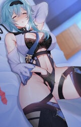 absurdres alfa_(alpharig) aqua_hair arm_up bare_shoulders black_bra black_gloves black_legwear boots bra breasts center_opening cleavage detached_sleeves eula_(genshin_impact) female genshin_impact gloves half-closed_eyes heel_boots highres large_breasts leash lingerie long_hair long_sleeves looking_at_viewer lying masturbation navel on_back revealing_clothes solo stomach sweat thigh_boots thighhigh_boots thighhighs thighs underwear