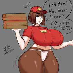 1girls ashlinohe_o'daleigh ass big_ass big_breasts body_swap breasts brown_hair crop_top dark_skin franktonius hat hips huge_ass huge_breasts light_skin massive_ass massive_breasts motion_lines pizza pizza_delivery sister thick_lips thick_thighs thighs thong wide_hips