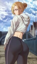 1girls 2d annie_leonhardt artist_name ass ass_focus attack_on_titan back_view big_ass blank_stare blonde blonde_female blonde_hair blue_eyes bubble_ass bubble_butt caucasian caucasian_female color colored dat_ass day daytime emotionless european european_female female female_focus female_only form_fitting highres hoodie human human_female human_only leggings lidded_eyes light-skinned_female light_skin midriff pale-skinned_female pale_skin pawg public shexyo shingeki_no_kyojin solo solo_focus streetwear thighs tied_hair tight_clothing tight_pants watermark yoga_pants young_woman