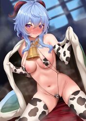 breasts cow_bikini front_view ganyu_(genshin_impact) genshin_impact goat_horns pubic_hair square_bikini string_bikini