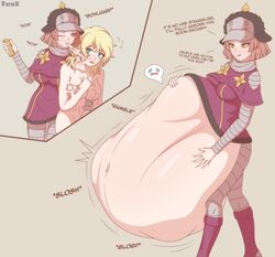 2girls absorption_vore belly_button belly_expansion blonde_hair breasts brown_hair cleavage clothing covering_breasts digestion_noises english_text female_only green_eyes hands_on_belly helmet hot_pants_(jjba) jojo's_bizarre_adventure lucy_steel naked post_vore short_hair steel_ball_run stygianrook vore yellow_eyes