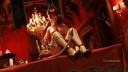 3d 3d_(artwork) blender boots breasts demon demon_girl footwear high_heels legs_together nipples original_character sabithegreen seductive seductive_look seductive_smile sinia sitting succubus succubus_horns succubus_tail tail