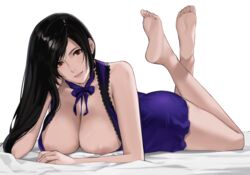 1girls areolae ass big_breasts blue_dress breasts cleavage crossed_legs dress feet female final_fantasy final_fantasy_vii j@ck legs legs_crossed looking_at_viewer lying lying_on_stomach nipples the_pose tifa_lockhart