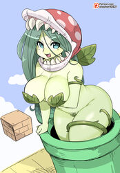 1girls anthro big_breasts breasts chubby cleavage cute_fang female female_only green_hair green_skin humanized long_hair mario_(series) nintendo open_mouth piranha_plant plant_girl shepherd0821 sky solo standing super_mario_bros. thick thighs