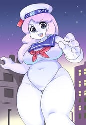 1girls breasts chubby city cute female female_only ghostbusters giantess leotard marshmallow mr._stay_puft pink_hair rule_63 sailor_collar sailor_hat shepherd0821 solo solo_female stay_puft_marshmallow_man thick white_body