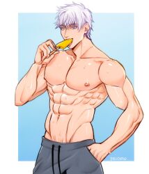 bolloxxxz jujutsu_kaisen male male_only muscles muscular muscular_male popsicle popsicle_in_mouth satoru_gojo shirtless_male sweatpants white_hair