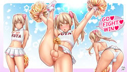 1futa blonde_hair blush bulge censored cheerleader cheerleader_uniform daisy_mitsumata duplicate erection erection_under_clothes full-package_futanari futa_only futanari marimu_(daisy_mitsumata) original pom_poms small_penis solo