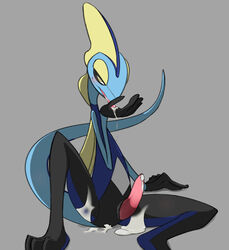 amedama12321 anthro blue_body blush bodily_fluids cum cum_in_ass cum_inside cum_on_hand cum_on_self genital_fluids genitals hi_res inteleon licking_cum looking_at_viewer male multicolored_body nintendo penis pokémon_(species) pokemon pokemon_(species) scalie skinny solo solo_male tongue video_games