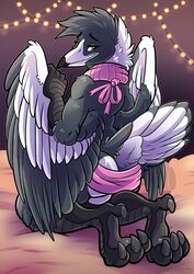 2017 anthro ass avian balls beak bed clothed clothing crossdressing feathers furniture genitals half-closed_eyes hi_res inside kneeling looking_back male multicolored_body multicolored_feathers muttasaur narrowed_eyes smile solo string_lights talons toe_curl watermark william_magpie wings