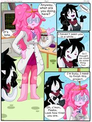 2girls adventure_time black_hair canon_couple comic crown female glasses grey_skin lab_coat marceline marceline_abadeer overalls pink_hair pink_skin prince-vulpine princess_bubblegum yuri