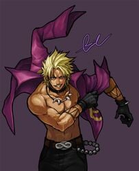 1boy belt blonde_hair gloves human human_only jacket jeans king_of_fighters male male_only muscular muscular_male necklace shen_woo signature simple_background solo_male tagme taking_clothes_off unknown_artist