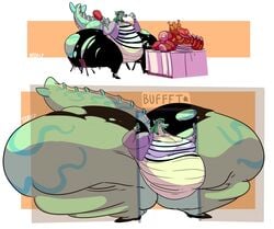 2017 absurd_res anthro aquatic_dragon ass beef belly big_belly big_breasts big_butt breasts cassilla_(karps) chicken clothed clothing dat_ass dragon eating eating_food fat fat_dragon_female female female_only fish food giant_ass gigantic_butt hair hi_res huge_belly huge_breasts huge_butt huge_hips huge_thighs hyper hyper_belly hyper_butt hyper_hips hyper_thighs lips looking_back marine obese obese_dragon obese_female overweight overweight_dragon overweight_female ripped ripped_clothing ripping ripping_clothing scalie simple_background stuck sweatpants_(artist) weight_gain wide_hips