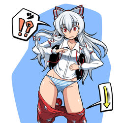 2016 fujiwara_no_mokou midori_niku no_pants panties pants_down red_eyes standing striped_panties touhou white_hair