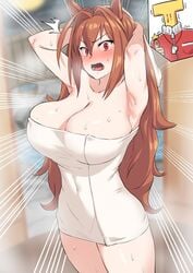 angry animal_ears barely_covered big_breasts blush blushing brown_hair daiwa_scarlet_(umamusume) dripping drying drying_hair drying_off embarrassed female huge_breasts large_breasts long_hair male nosebleed obui open_mouth red_eyes shocked shocked_expression sweat thumbs_up towel towel_only umamusume wet wet_body wet_hair