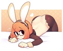 1girls ass bent_over bent_over_bed bunny_costume bunny_ears bunny_girl eyebrows_visible_through_hair fizintine glasses heart luna_(fizintine) on_bed orange_hair original reverse_bunny_costume reverse_bunnysuit simple_background solo solo_female solo_focus