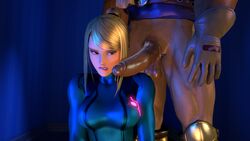 1boy 3d akairink bimbo blonde_female blonde_hair blowjob captain_falcon dark-skinned_male f-zero female imminent_oral large_penis male metroid nintendo penis precum_string resisting samus_aran source_filmmaker super_smash_bros. tempting zero_suit zero_suit_samus